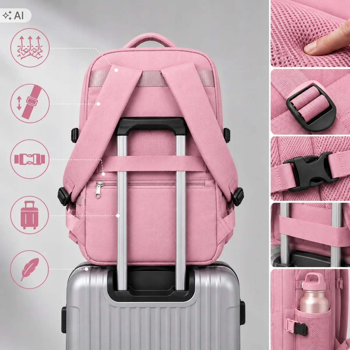 Plecak do samolotu 40×30×20 cm Ryanair, Wizz Air – kolor różowy – zdjęcie 1