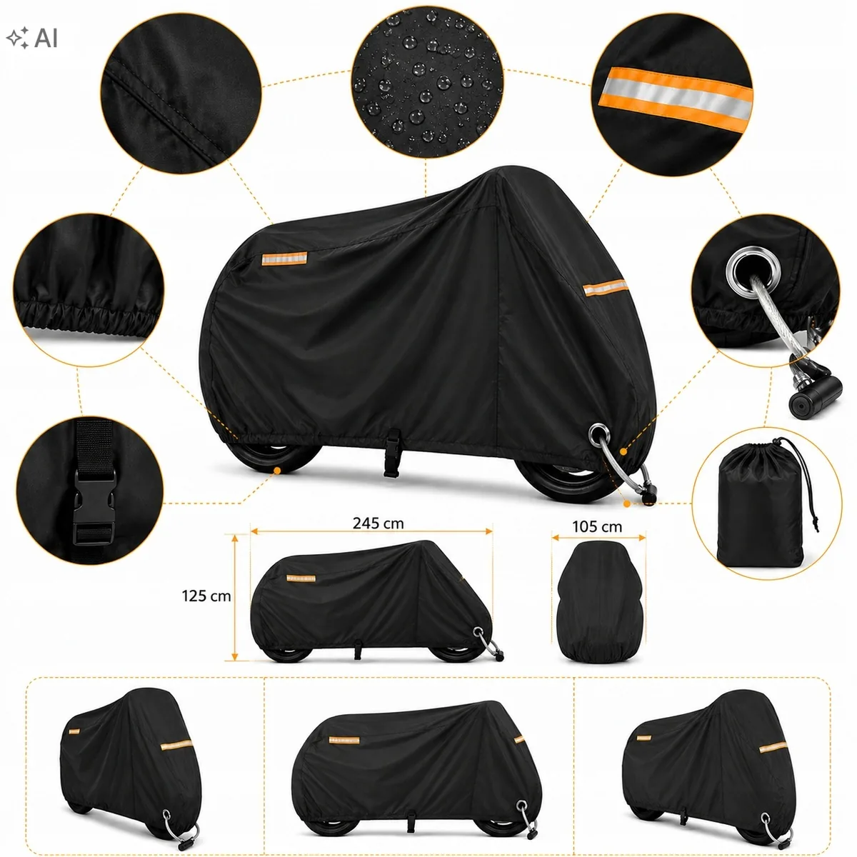 Pokrowiec na motocykl wodoodporny XXL 245×105×125 cm – zdjęcie 7
