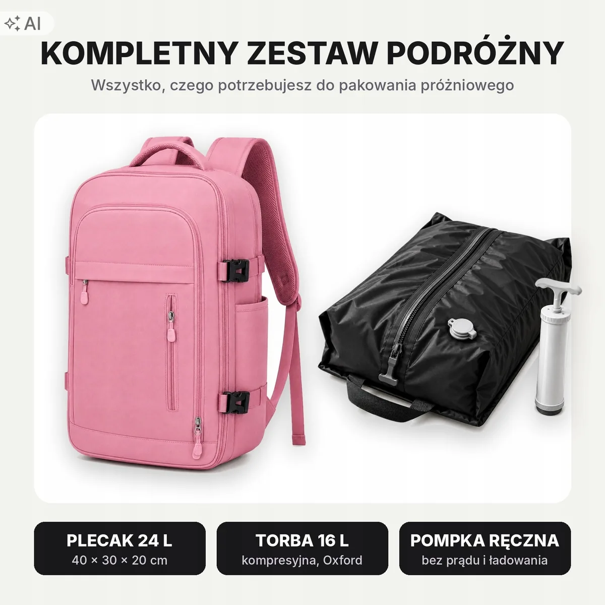 Plecak próżniowy do samolotu 40×30×20 z pompką – kolor różowy – zdjęcie 1